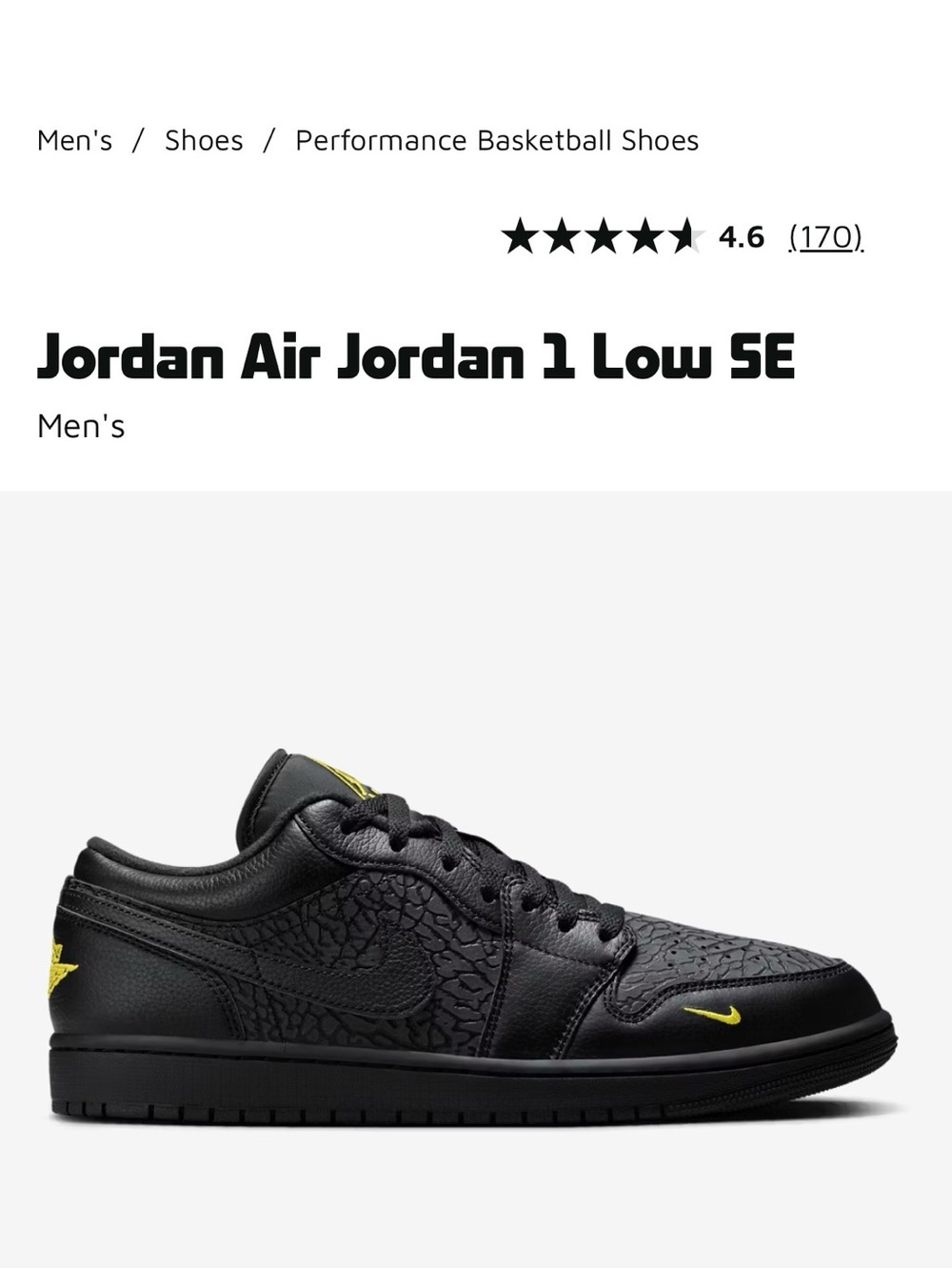 LIKE NEW Nike Air Jordan 1 Low SE Men's Sneakers, SZ 10.5 - Black/Yellow Accent